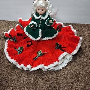 Plastic Doll Moveable Limbs Curly White Hair Crocheted Christmas Outfit Musical